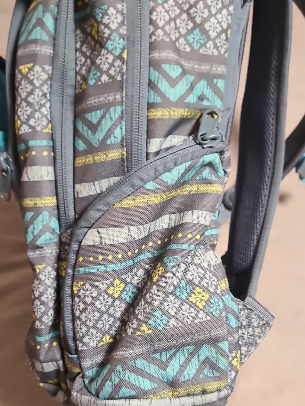 Gray Patterned Backpack with Aqua & Yellow Accents - Picture 8 of 11
